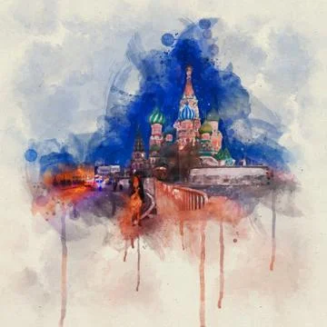 Digital painting. View of St. Basil's Cathedral on Red Square and frontal pla Stock Illustration