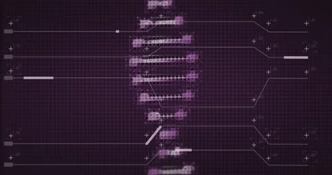 Digital panel displaying vertical stack glowing magenta nodes linking wave bands Stock Footage 309110065