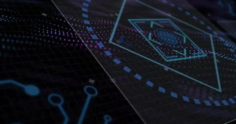 Digital panel sliding and rotating as playback starting over grid, particles Stock Illustration