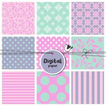 Digital papers, Set of seamless patterns, flowers, dots, stripes Stock Illustration