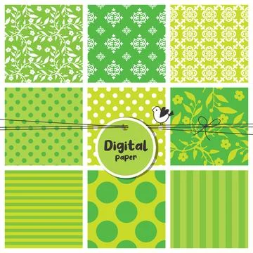 Digital papers, Set of seamless patterns, flowers, dots, stripes Stock Illustration