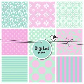 Digital papers, Set of seamless patterns, flowers, dots, stripes, square sw.. Stock Illustration