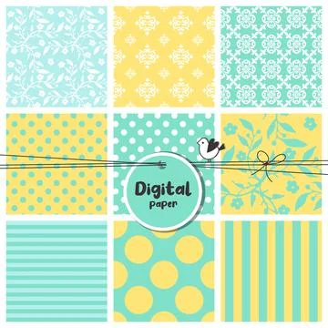 Digital papers, Set of seamless patterns, flowers, dots, stripes, square sw.. Stock Illustration