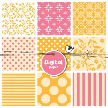 Digital papers, Set of seamless patterns, flowers, dots, stripes, square sw.. Illustrazione stock