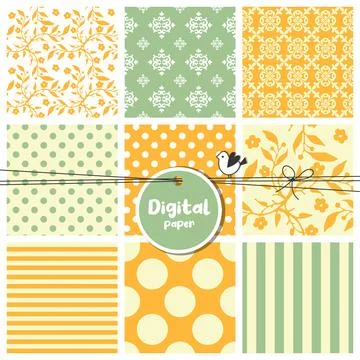 Digital papers, Set of seamless patterns, flowers, dots, stripes, square sw.. Stock Illustration