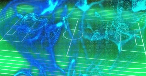 Digital particles and lines image over soccer field 스톡 일러스트