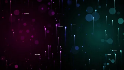 Digital particles ascend in split screen magenta and teal background with b.. Video stock 343274976