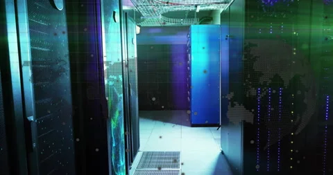 Digital particles drifting over server racks as world map rising and LEDs Stock-Footage 313725152