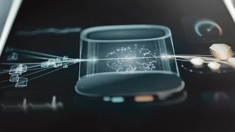 Digital particles inside transparent data chamber Stock Footage 344853274