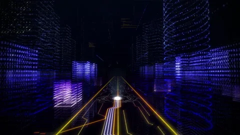 Digital Path Running Among Purple Cyber Outlines To System In Virtual World Stock Footage 158184410