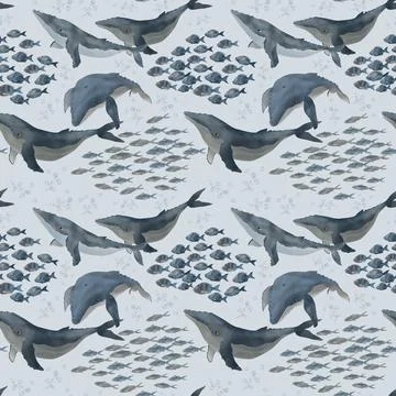 Digital pattern design with whales and fish Stock Illustration