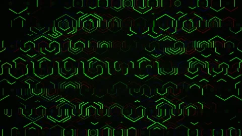 Digital patterns and shapes in green on a dark background Stock Footage 332911063