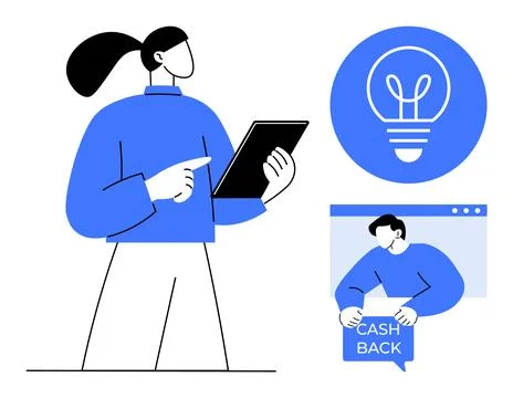 Digital Payment and Cashback Concept with People, Tablet, and Light Bulb Icon Stock Illustration