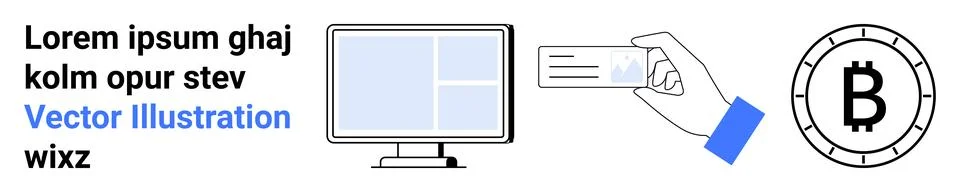 Digital Payment and Cryptocurrency Concept with Computer, Hand Holding Card.. Illustrazione stock