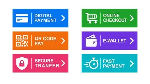 Digital payment button set with QR code, online checkout, ewallet, secure t.. Stock Illustration