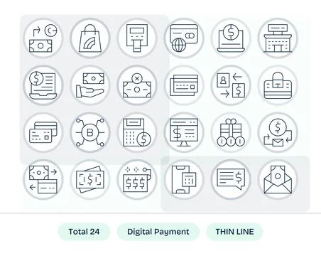 Digital Payment Comprehensive Vector Bundle with 24 Grid Fitted Thin Line 2.. Stock Illustration