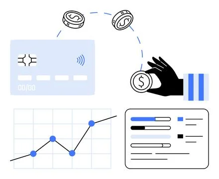 Digital Payment Concept With Card, Coins, Financial Chart, and Data Dashboard Stock Illustration