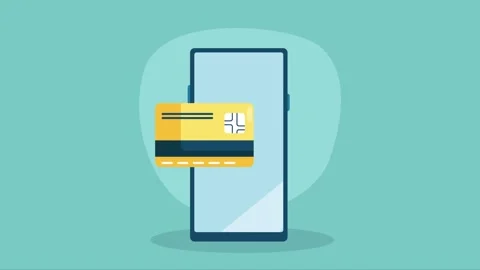 Digital payment concept featuring animated yellow credit card syncing with .. Stock Footage 338422179