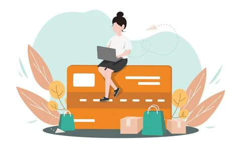 Digital payment an E wallet, online transaction with woman using laptop computer Illustrazione stock