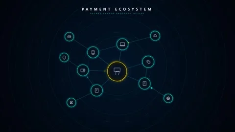Digital payment ecosystem network nodes connecting with glowing lines on da.. Stock Footage 343154846