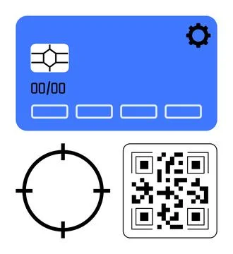 Digital Payment Elements with QR Code, Credit Card, and Target Reticle Symbol Stock Illustration