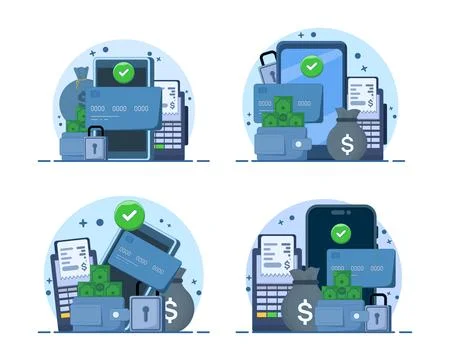 Digital payment illustration set featuring e-wallets, bank cards Stock Illustration