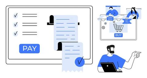 Digital payment interface, receipts, and online shopping cart with customers. Ilustração Stock