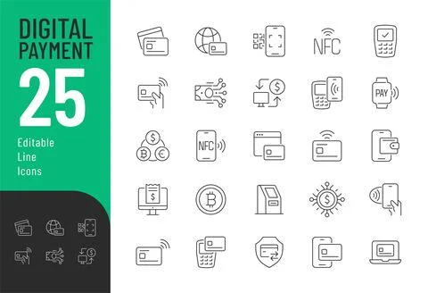 Digital Payment Line Editable Icons set. Stock Illustration