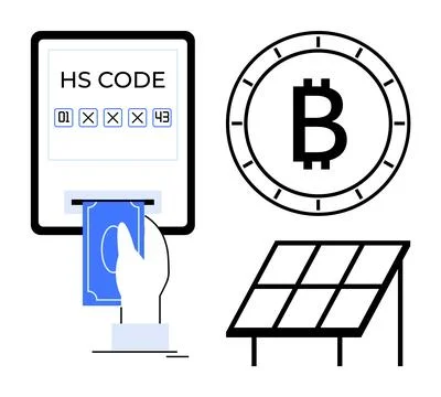 Digital payment machine, HS Code entry, hand inserting money, Bitcoin symbol, Stock Illustration