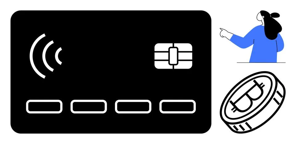 Digital Payment Methods Contactless Cards, Bitcoin, and User Interaction Stock Illustration