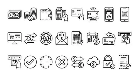 Digital Payment Methods Finance Banking Transaction and Invoice Line Icon Set Stock Illustration