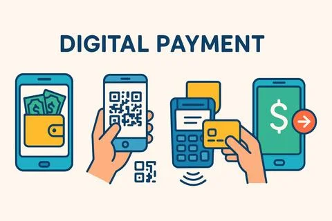 Digital payment methods using smartphones credit cards and qr codes Stock Illustration