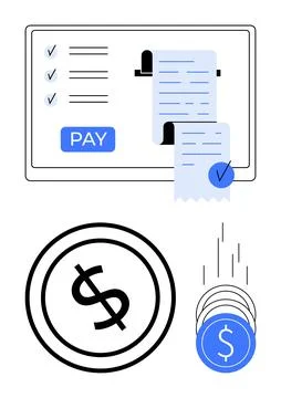 Digital Payment Process with Invoice and Dollar Coin Icons Representing Onl.. Stock Illustration