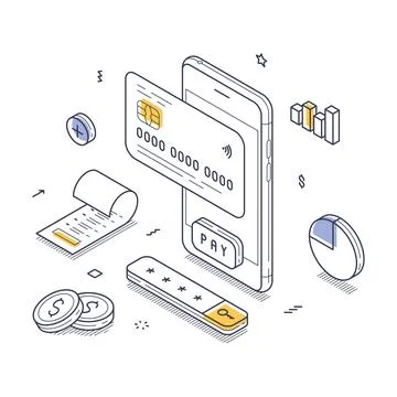Digital payment processes are represented in an isometric design, featuring a Stock Illustration