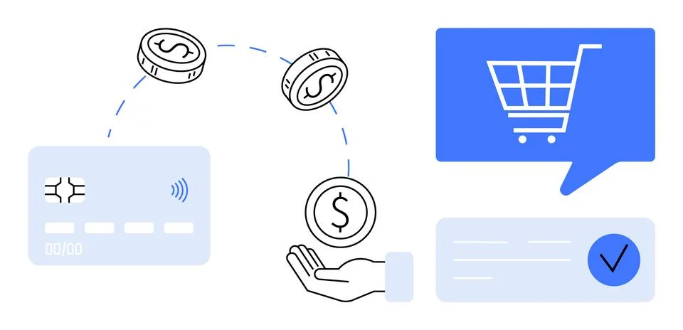 Digital Payment Processing with Credit Card, Coins, Hand, Shopping Cart, an.. Stockillustratie