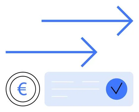 Digital Payment Processing with Euro Currency Symbol, Check Mark, and Arrow.. Illustrazione stock