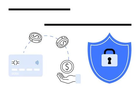 Digital Payment Security with Credit Card, Handcatching Coins, and Shield w.. Stock Illustration