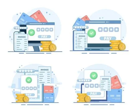 Digital payment set featuring laptop invoices Stock Illustration