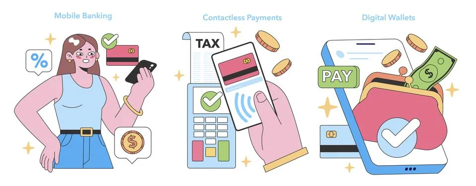 Digital Payment Solutions set. Flat vector illustration Stock Illustration