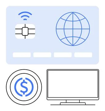 Digital Payment Solutions SIM Card, Dollar Icon, Globe, and Computer Monito.. Stock Illustration