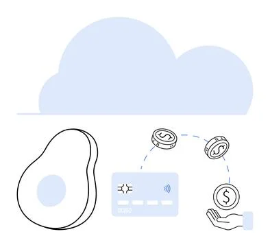 Digital Payment System with Avocado Purchase Illustration and Cloud Storage 库存插图