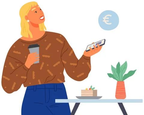 Digital payment system for client in restaurants. Girl pays for order in cafe イラスト素材