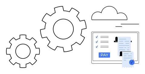 Digital Payment System with Receipts, Gear Icons, and Cloud Sync Illustration Stock Illustration