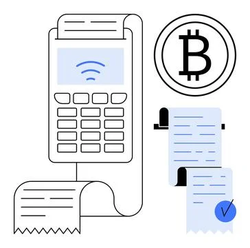 Digital Payment Terminal with Bitcoin Cryptocurrency Transaction Receipt 스톡 일러스트