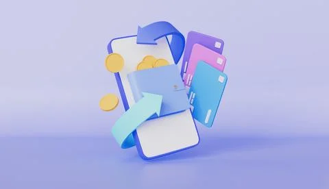 Digital payments with smartphone app, wallet, coins, credit card and arrow Stock Illustration