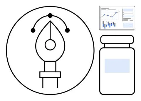 Digital pen icon with three nodes, data analytics chart with graphs and lines Illustrazione stock