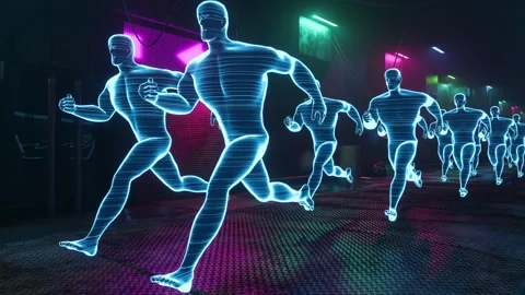 Digital people are running down the street in cyberpunk style. Stock Footage 342664075
