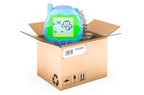 Digital pet, electronic game inside cardboard box, delivery concept. 3D rende Illustrazione stock