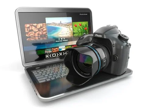 Digital photo camera and laptop. journalist  or  traveler equipment. Stock Illustration