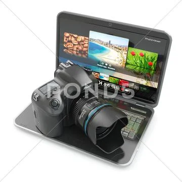 Digital photo camera and laptop. journalist or traveler equipment. Stock Illustration